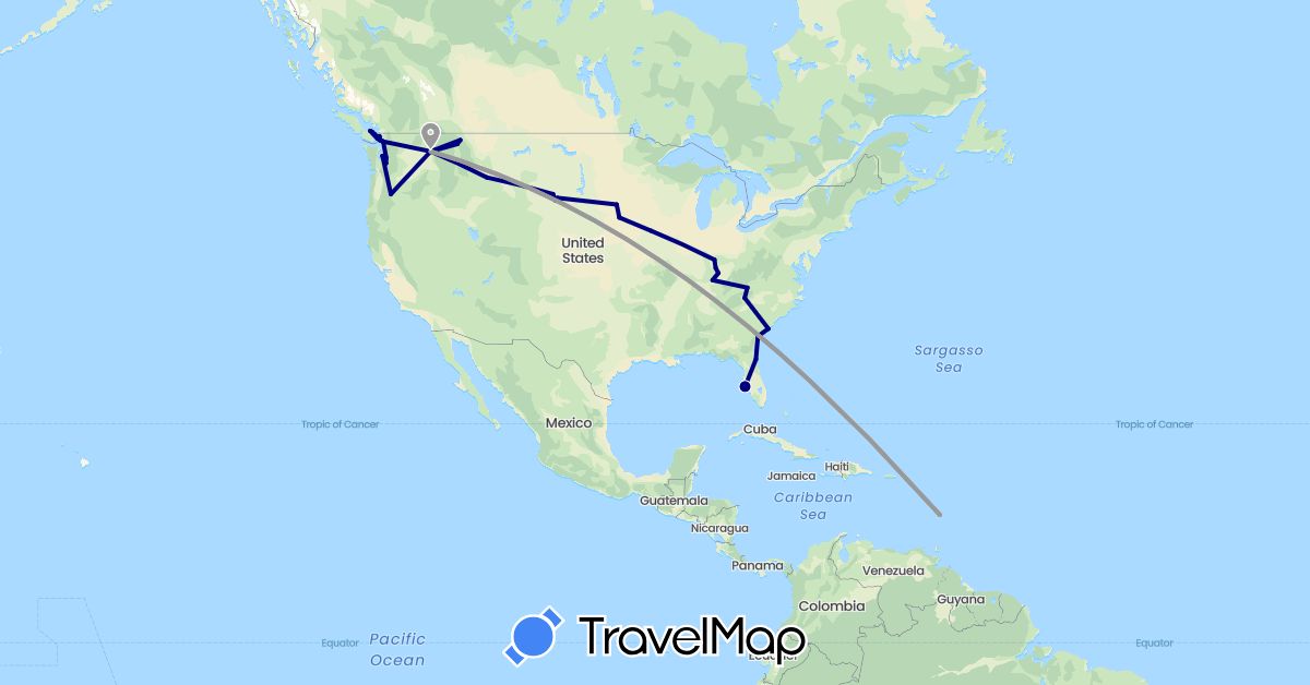 TravelMap itinerary: driving, plane in Canada, Saint Lucia, United States (North America)