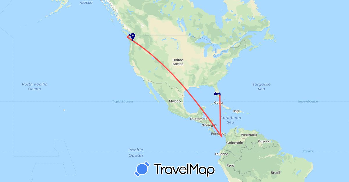 TravelMap itinerary: driving, hiking in Canada, Panama, United States (North America)